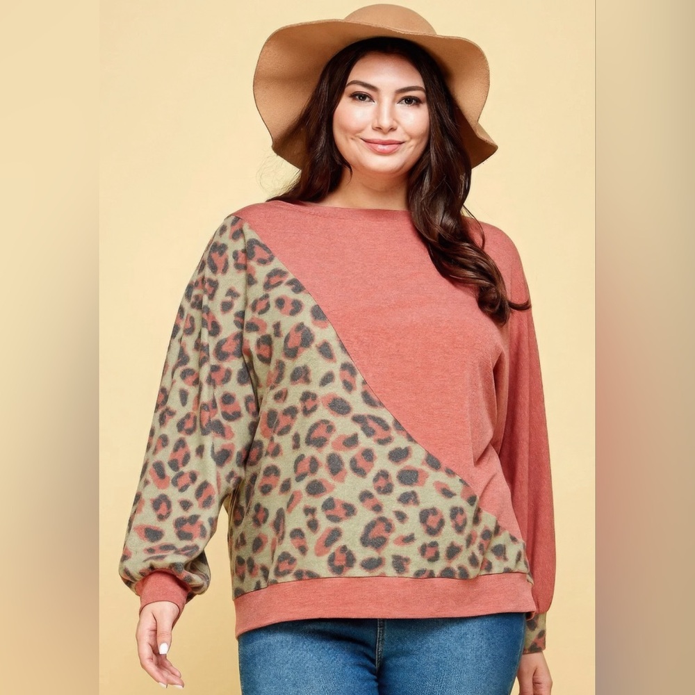 Plus Size Cute Animal French Terry Brush Contrast Print Pullover